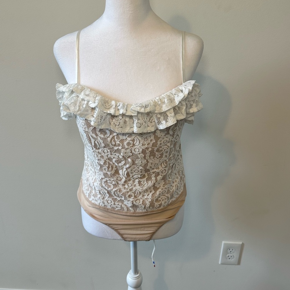 Lulus White and Cream Lacey Tie Back Bodysuit Size Large